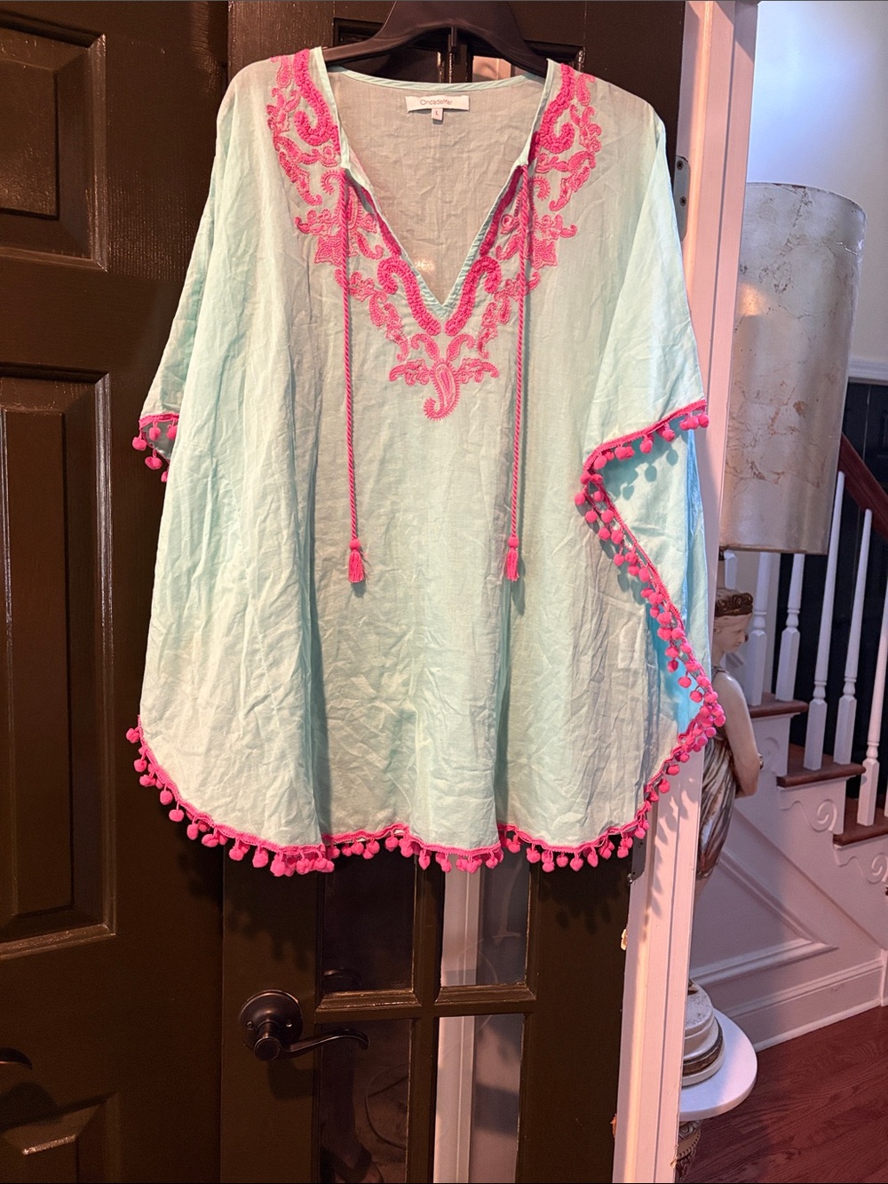 OndadeMar Aqua Swim Coverup with Pink Embroidery and Pom Trim